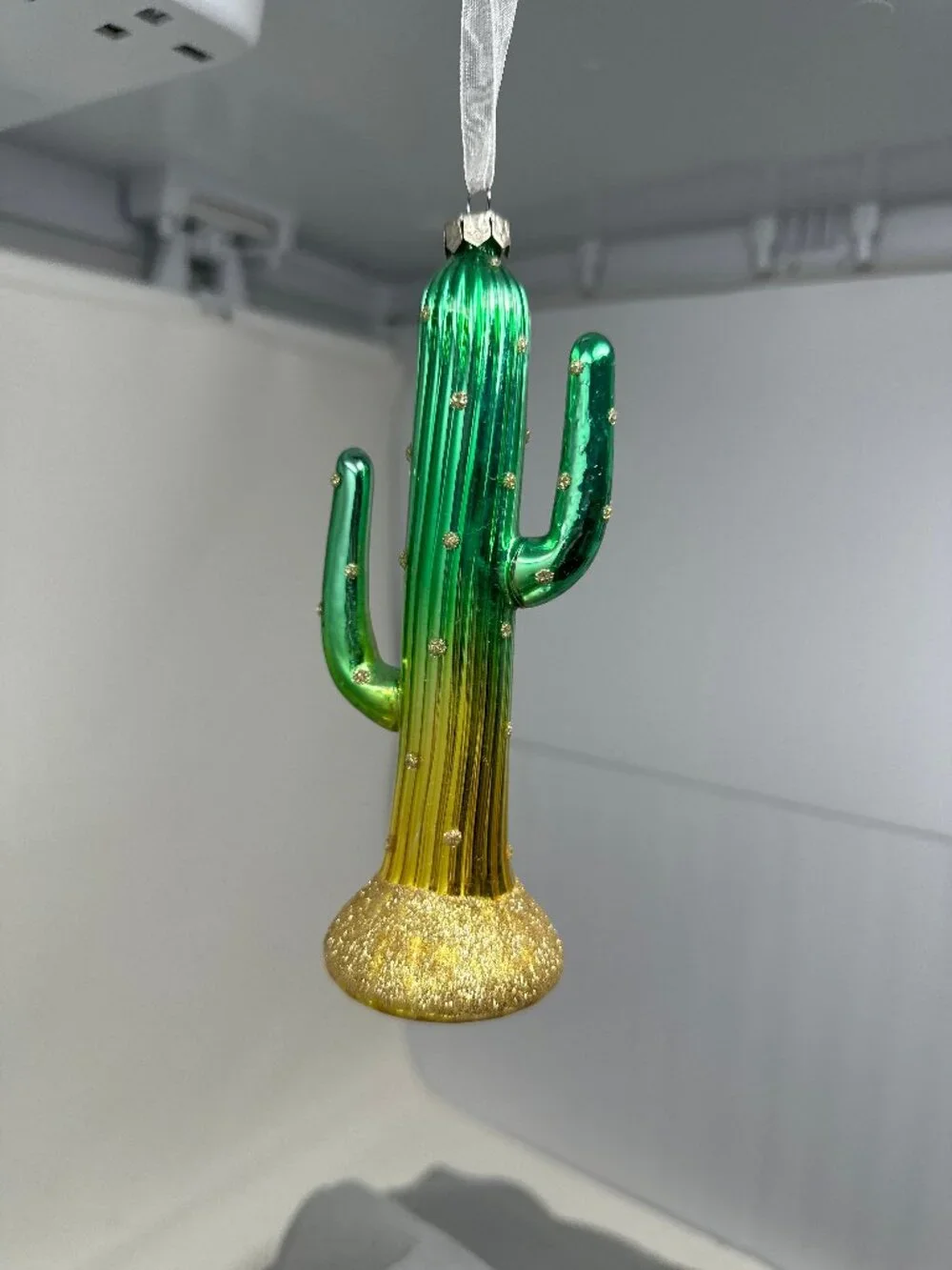 Glass Saguaro Cactus Christmas Ornament Green Gold Glitter Ombre Southwest Decor